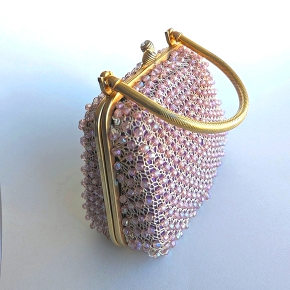 Bead Crochet Top Handle Kiss Lock Frame Bag Pink Purple Gold - Picture 2 of 11